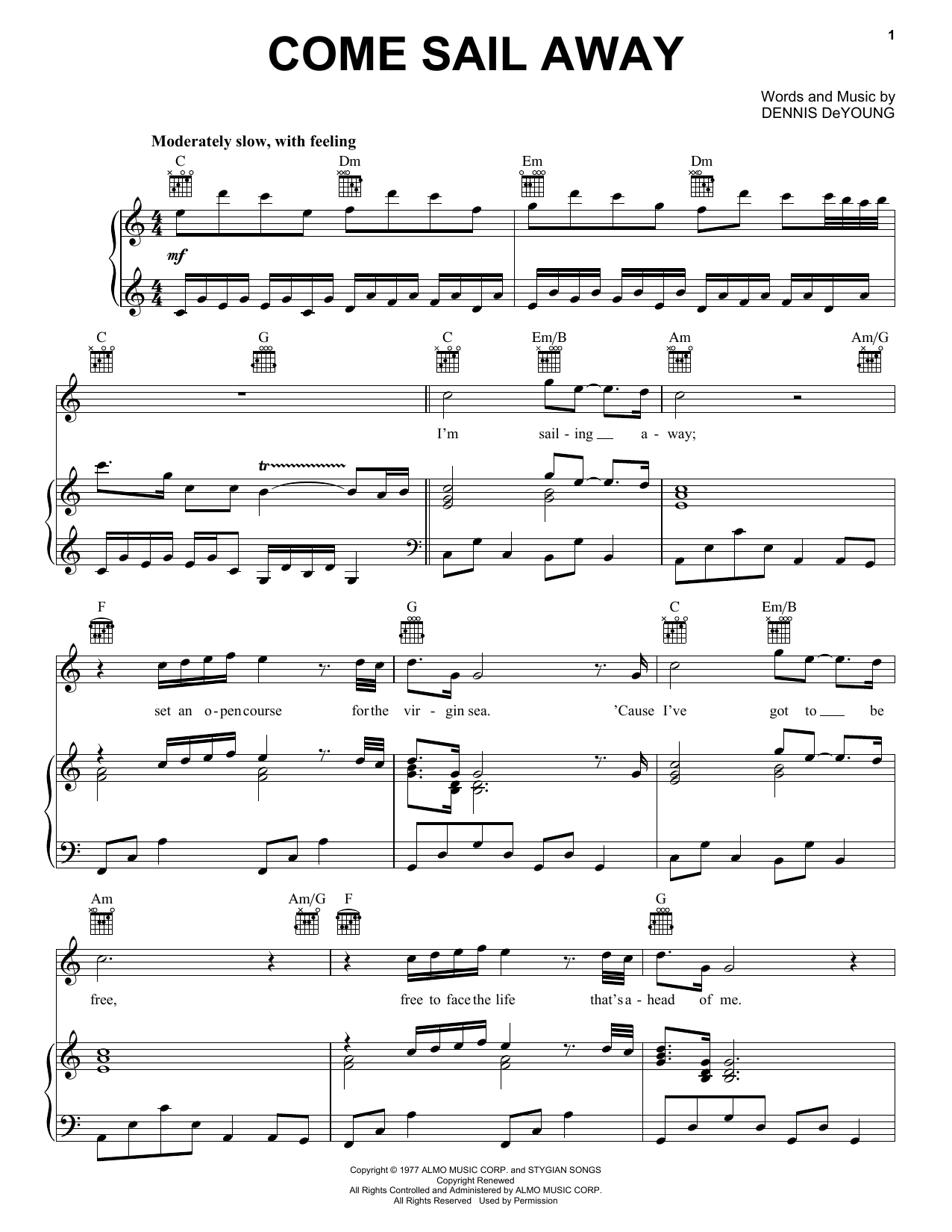 Download Styx Come Sail Away Sheet Music and learn how to play Super Easy Piano PDF digital score in minutes