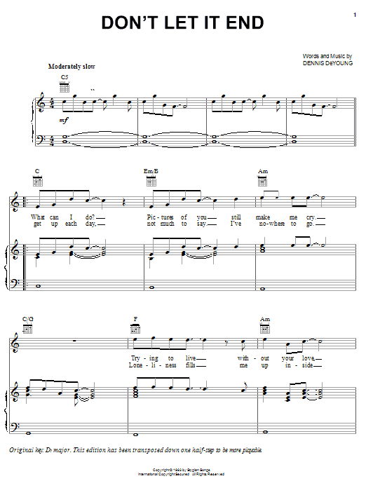 Download Styx Don't Let It End Sheet Music and learn how to play Piano, Vocal & Guitar (Right-Hand Melody) PDF digital score in minutes