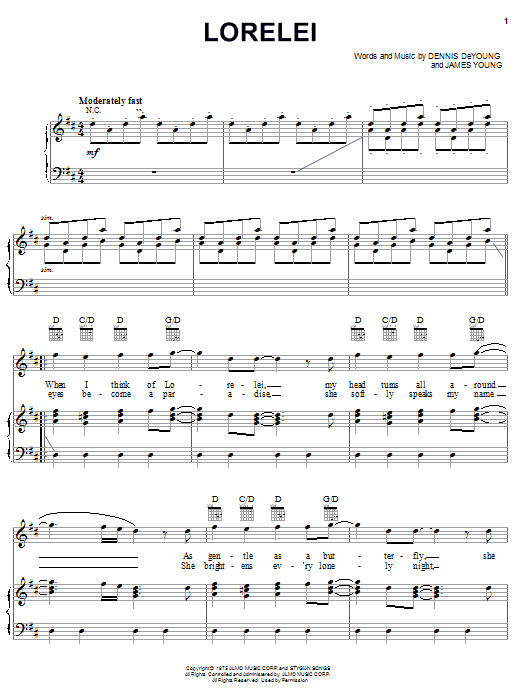 Download Styx Lorelei Sheet Music and learn how to play Melody Line, Lyrics & Chords PDF digital score in minutes