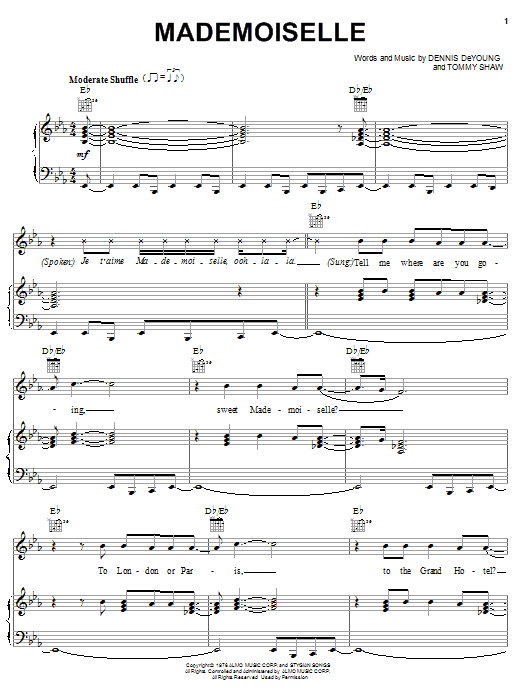 Download Styx Mademoiselle Sheet Music and learn how to play Guitar Tab PDF digital score in minutes