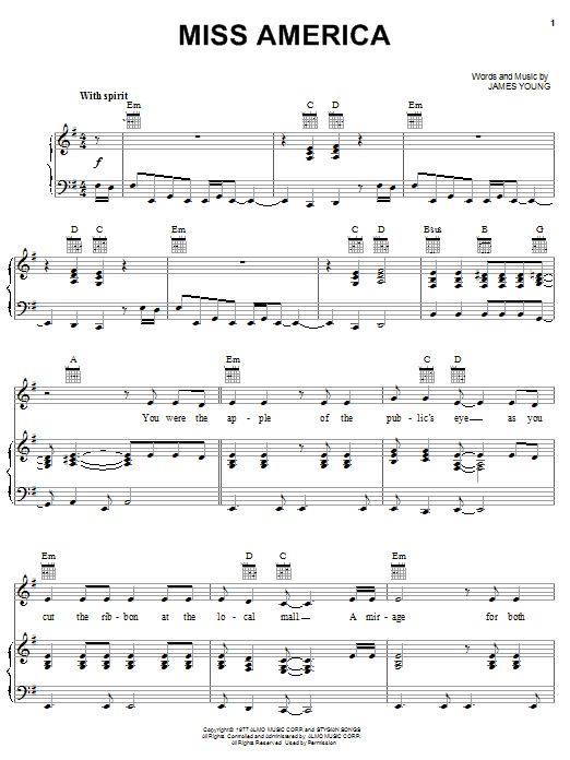 Download Styx Miss America Sheet Music and learn how to play Piano, Vocal & Guitar (Right-Hand Melody) PDF digital score in minutes