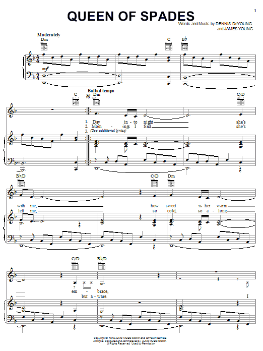 Download Styx Queen Of Spades Sheet Music and learn how to play Piano, Vocal & Guitar (Right-Hand Melody) PDF digital score in minutes