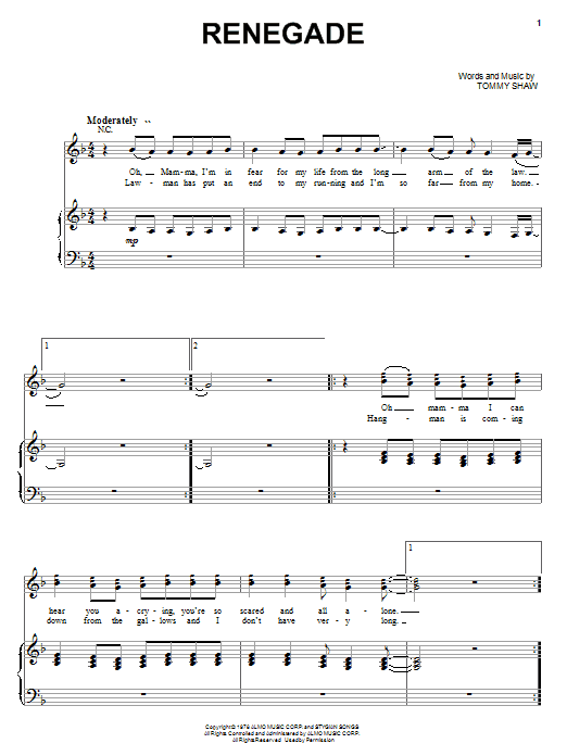 Download Styx Renegade Sheet Music and learn how to play Melody Line, Lyrics & Chords PDF digital score in minutes