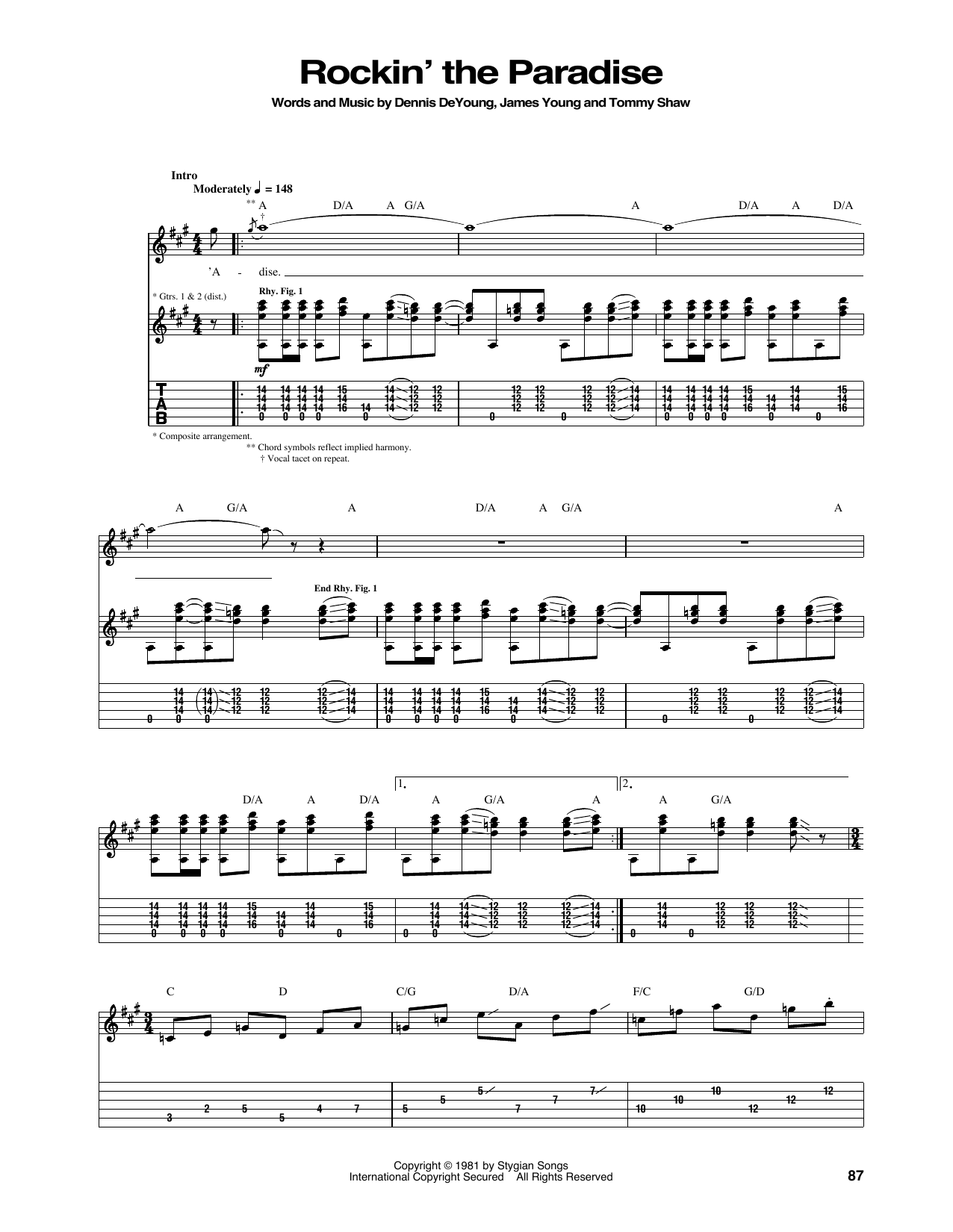 Download Styx Rockin' The Paradise Sheet Music and learn how to play Guitar Tab PDF digital score in minutes