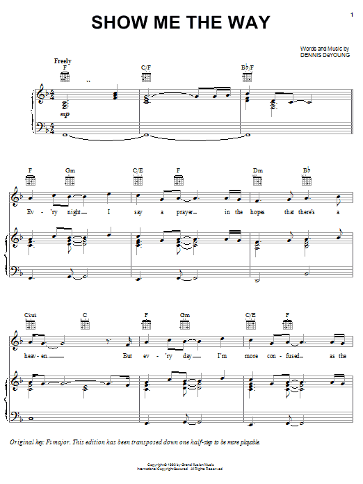 Download Styx Show Me The Way Sheet Music and learn how to play Piano, Vocal & Guitar (Right-Hand Melody) PDF digital score in minutes