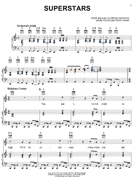 Download Styx Superstars Sheet Music and learn how to play Piano, Vocal & Guitar (Right-Hand Melody) PDF digital score in minutes