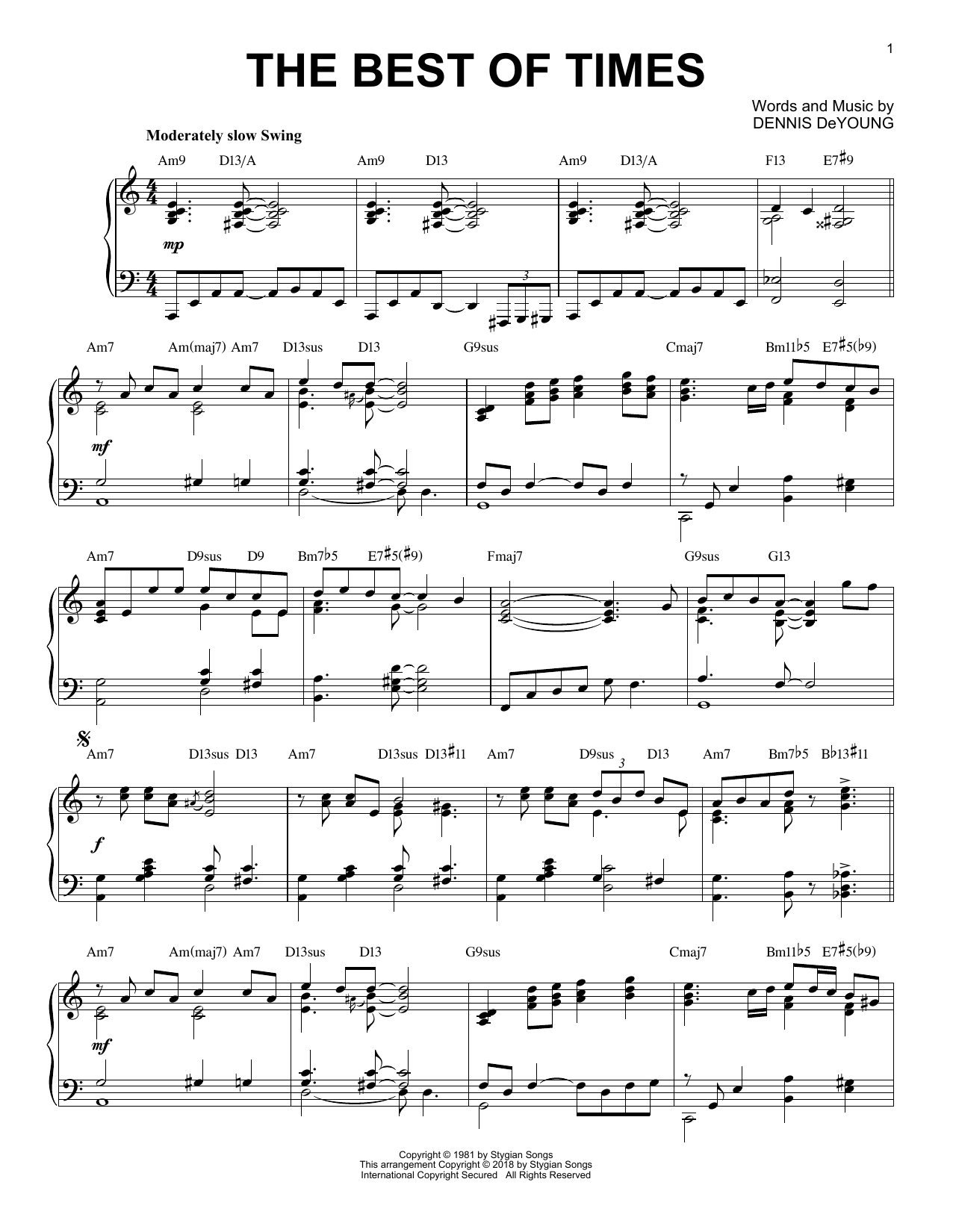 Download Styx The Best Of Times [Jazz version] Sheet Music and learn how to play Piano Solo PDF digital score in minutes