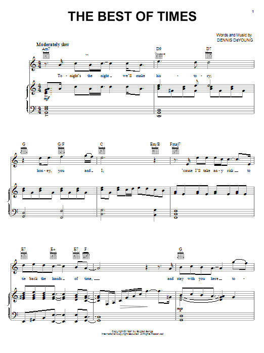 Styx "The Best Of Times" Sheet Music Notes Download Printable PDF