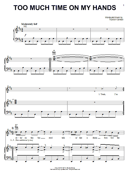 Download Styx Too Much Time On My Hands Sheet Music and learn how to play Piano, Vocal & Guitar (Right-Hand Melody) PDF digital score in minutes
