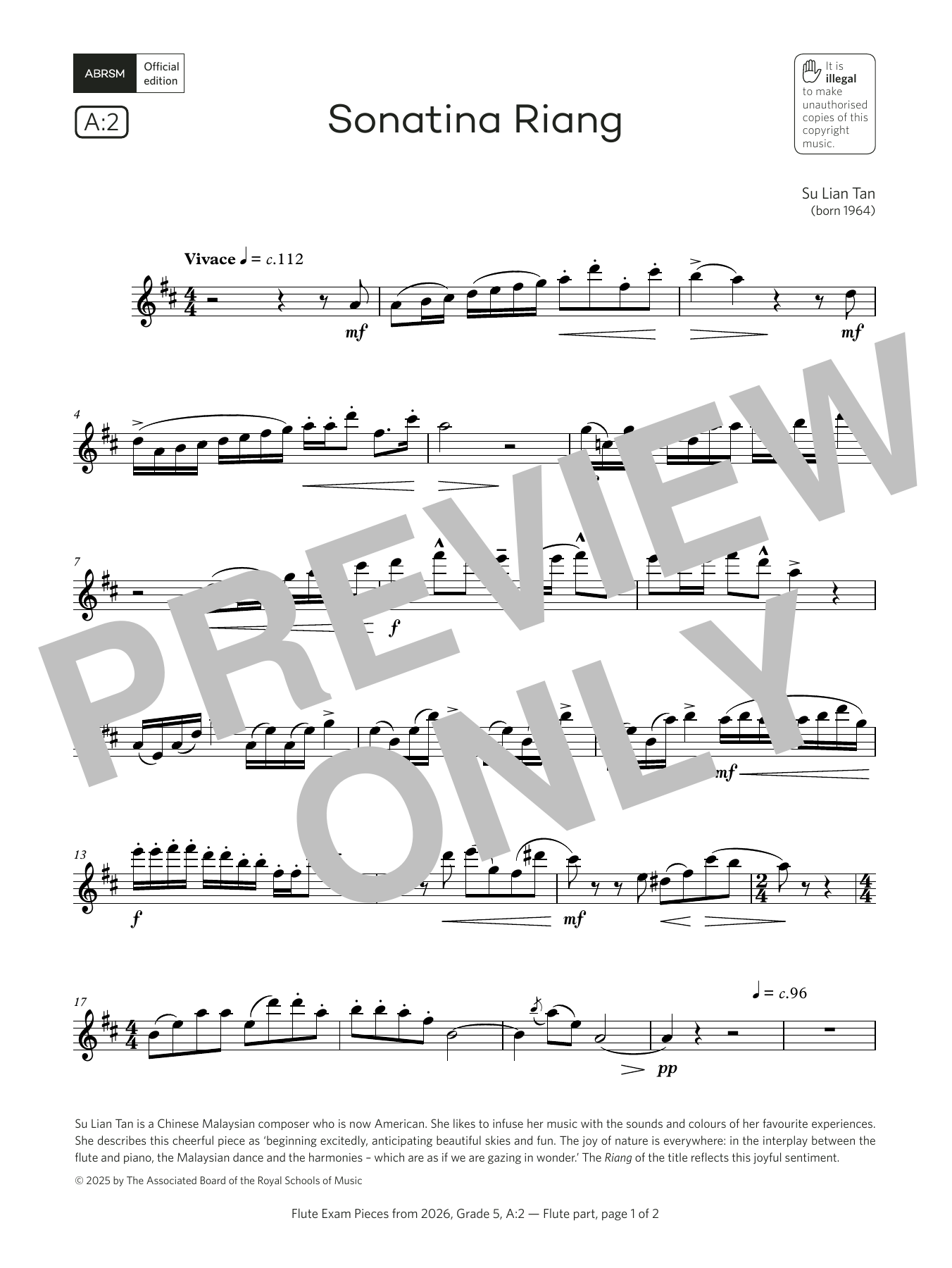 Download Su Lian Tan Sonatina Riang (Grade 5, list A2, from the ABRSM Flute Syllabus from 2026) Sheet Music and learn how to play Flute Solo PDF digital score in minutes