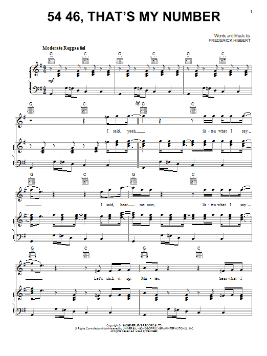 Download Sublime 5446, That's My Number Sheet Music and learn how to play Piano, Vocal & Guitar (Right-Hand Melody) PDF digital score in minutes