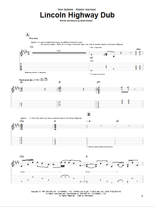 Download Sublime Lincoln Highway Dub Sheet Music and learn how to play Guitar Tab PDF digital score in minutes