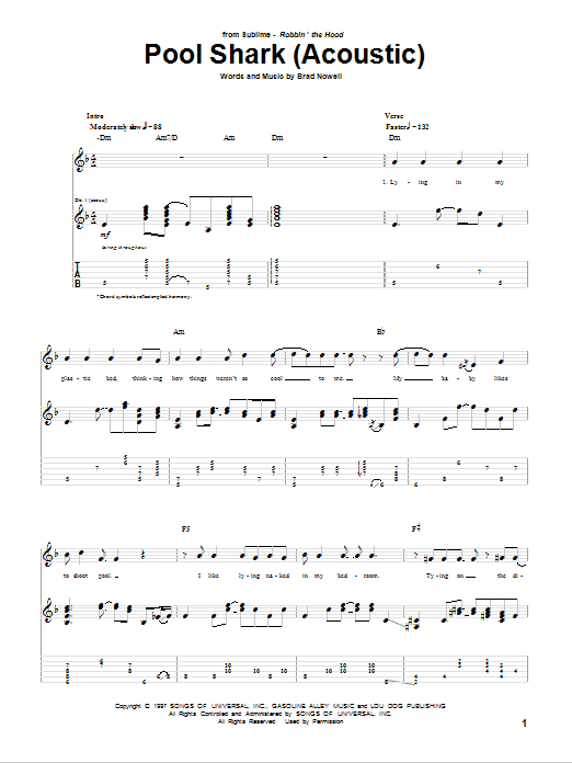 Download Sublime Pool Shark (Acoustic) Sheet Music and learn how to play Guitar Tab PDF digital score in minutes