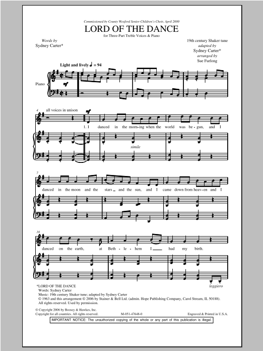 Download Sue Furlong Lord Of The Dance Sheet Music and learn how to play 3-Part Treble PDF digital score in minutes