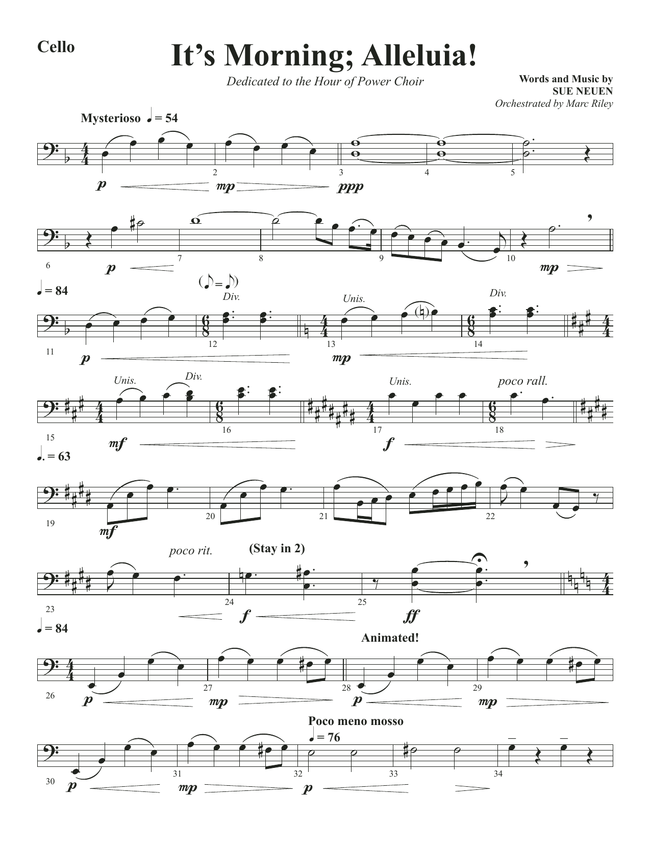 Download Sue Neuen It's Morning; Alleluia! - Cello Sheet Music and learn how to play Choir Instrumental Pak PDF digital score in minutes