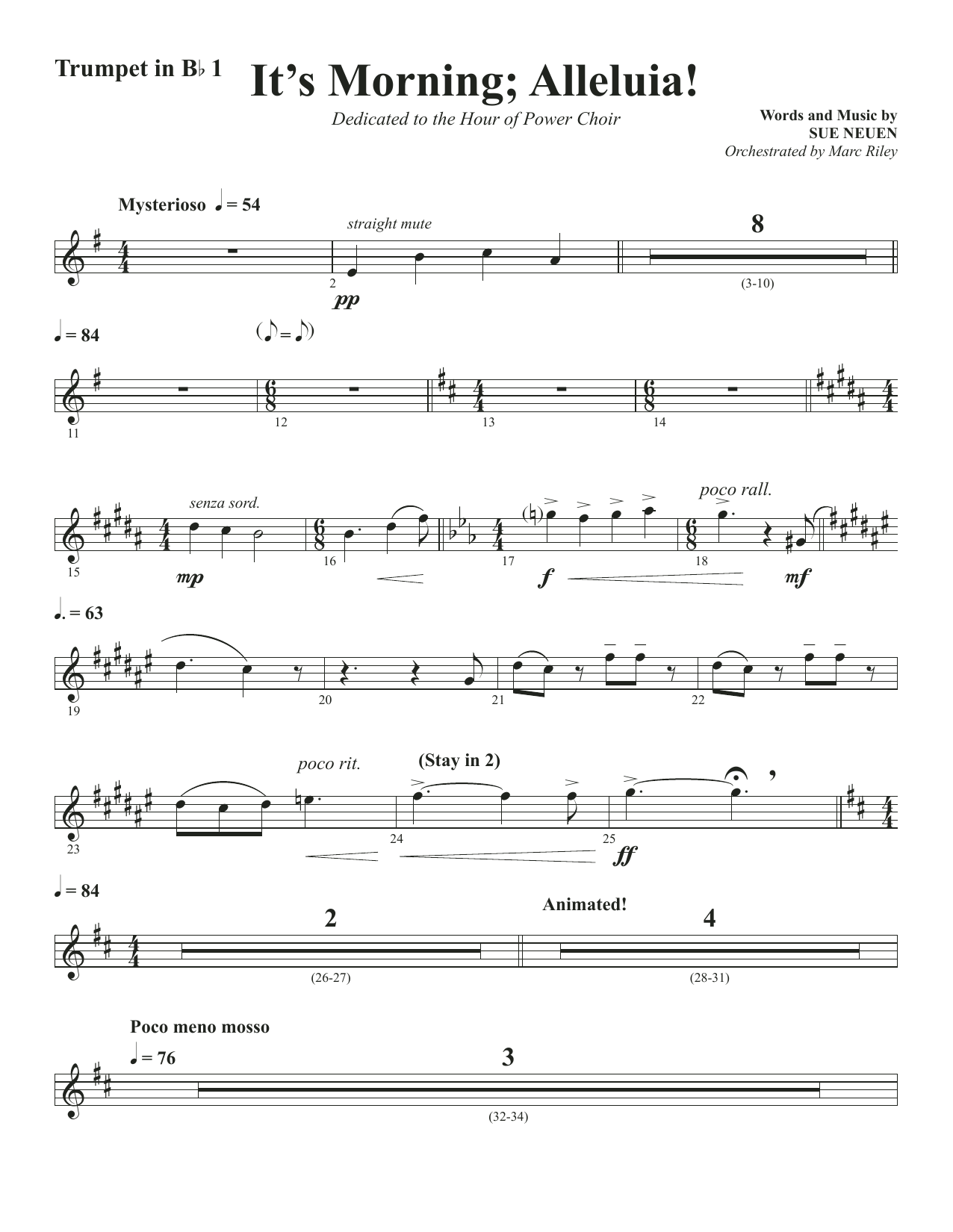 Download Sue Neuen It's Morning; Alleluia! - Trumpet 1 in Bb Sheet Music and learn how to play Choir Instrumental Pak PDF digital score in minutes