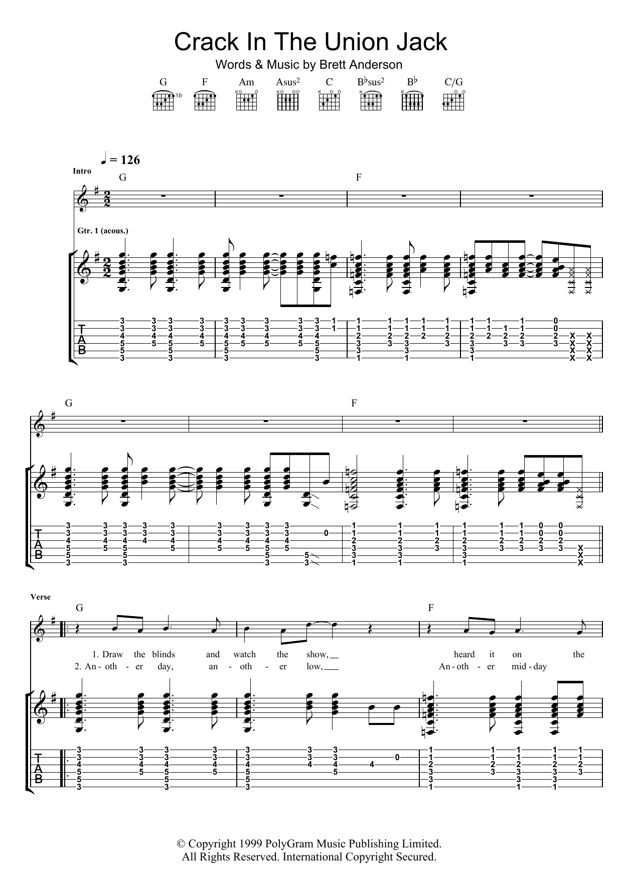 Download Suede Crack In The Union Jack Sheet Music and learn how to play Guitar Tab PDF digital score in minutes