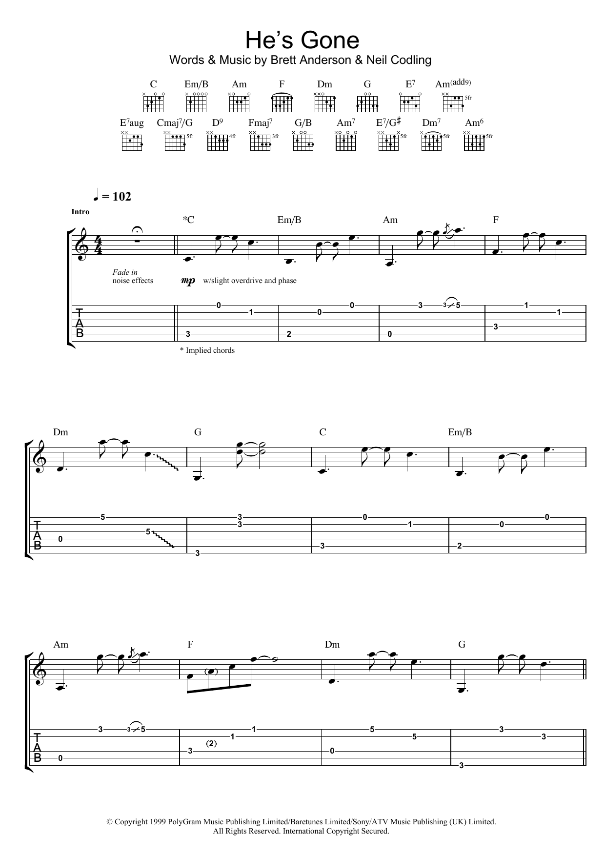 Download Suede He's Gone Sheet Music and learn how to play Guitar Tab PDF digital score in minutes