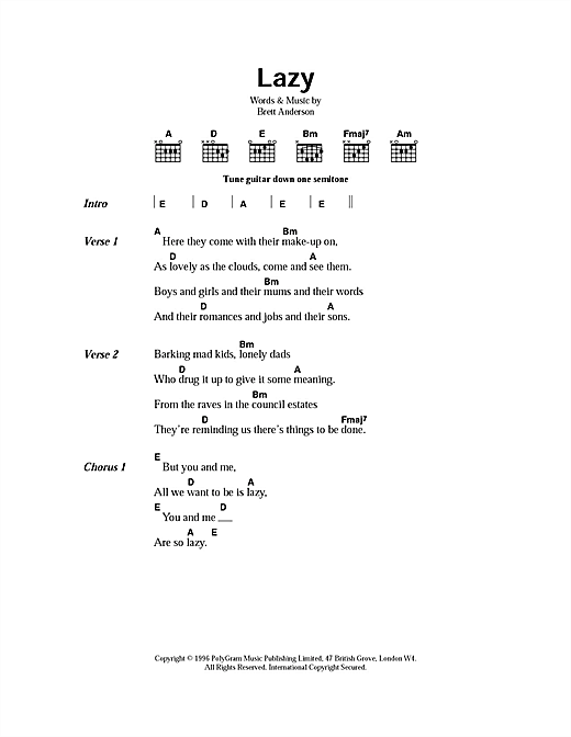 Download Suede Lazy Sheet Music and learn how to play Lyrics & Chords PDF digital score in minutes