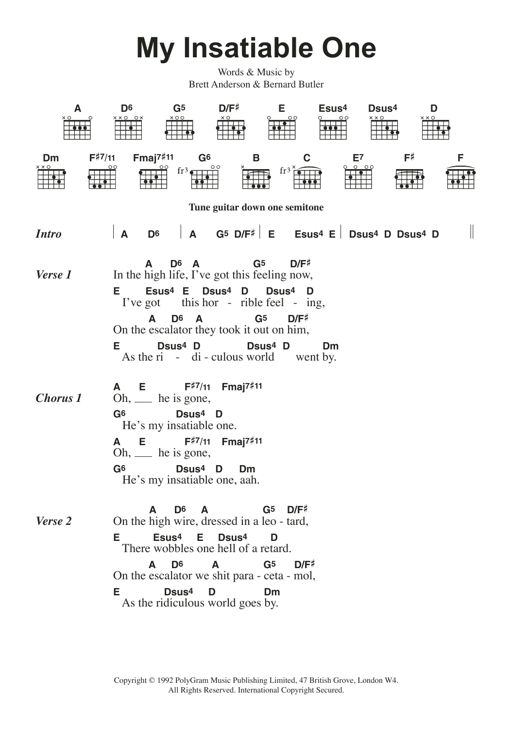 Download Suede My Insatiable One Sheet Music and learn how to play Lyrics & Chords PDF digital score in minutes