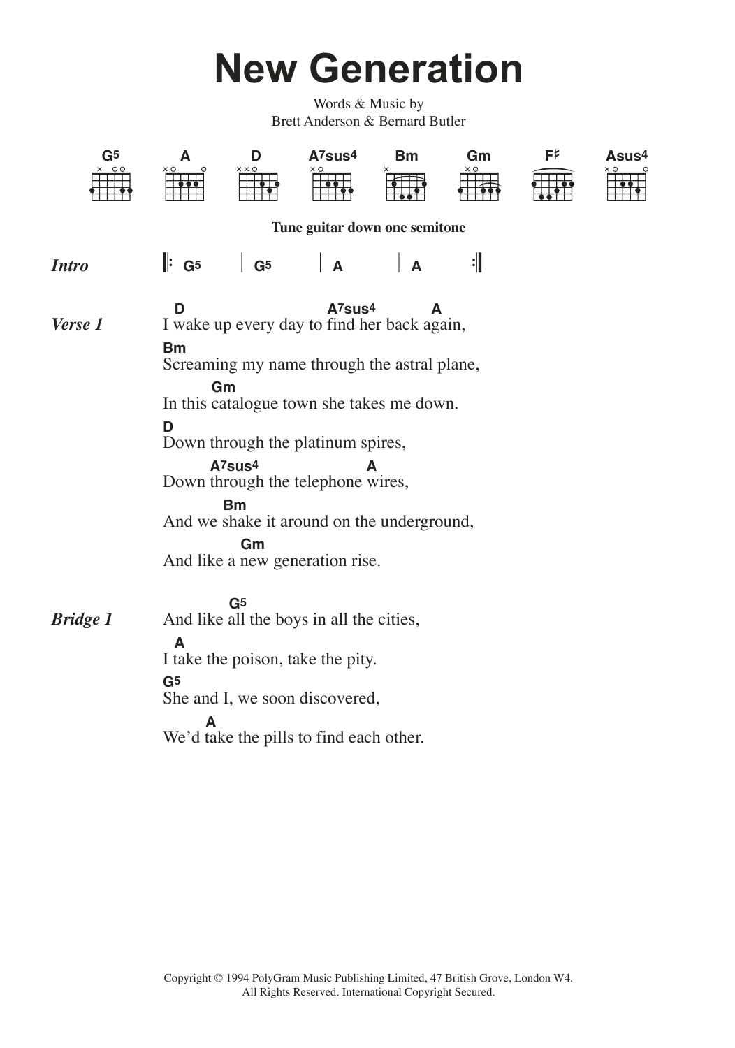 Download Suede New Generation Sheet Music and learn how to play Lyrics & Chords PDF digital score in minutes