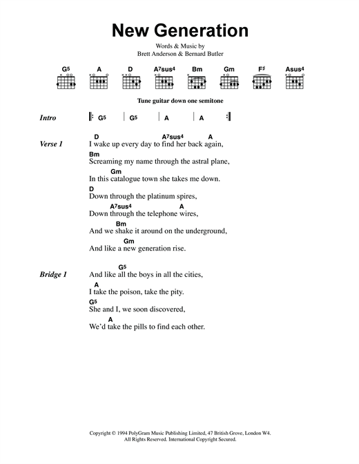 Download Suede New Generation Sheet Music and learn how to play Lyrics & Chords PDF digital score in minutes