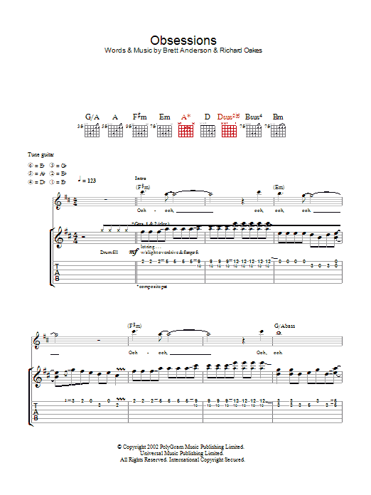 Download Suede Obsessions Sheet Music and learn how to play Guitar Tab PDF digital score in minutes