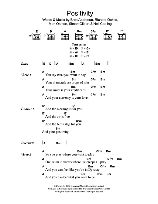 Download Suede Positivity Sheet Music and learn how to play Lyrics & Chords PDF digital score in minutes