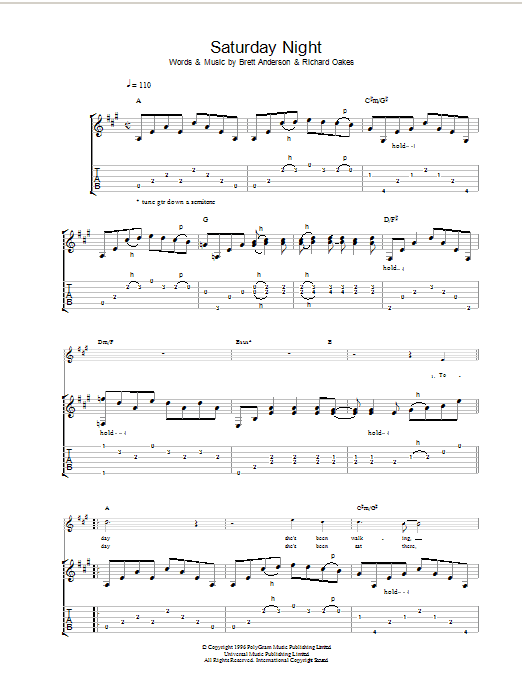 Download Suede Saturday Night Sheet Music and learn how to play Lyrics & Chords PDF digital score in minutes