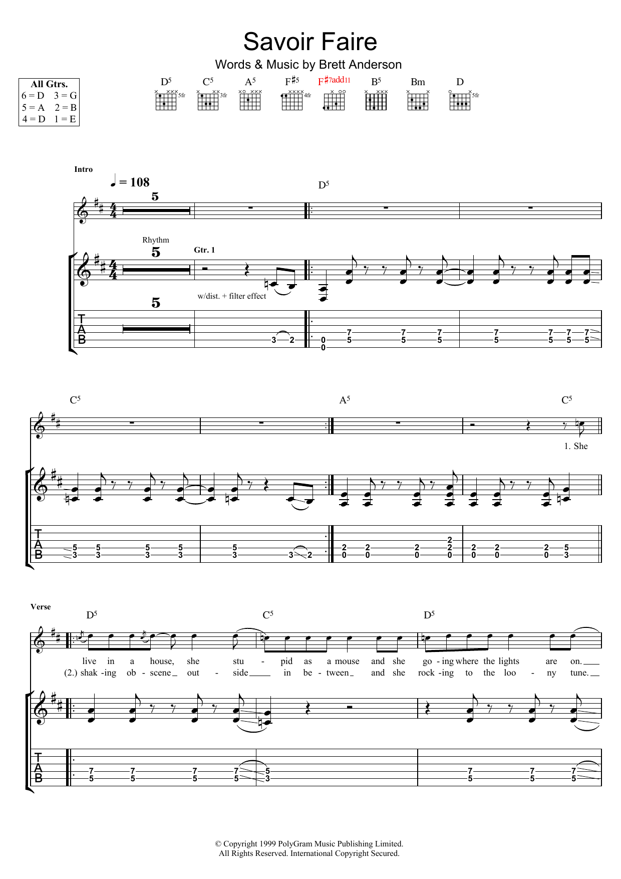 Download Suede Savoir Faire Sheet Music and learn how to play Guitar Tab PDF digital score in minutes