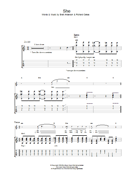 Download Suede She Sheet Music and learn how to play Guitar Tab PDF digital score in minutes