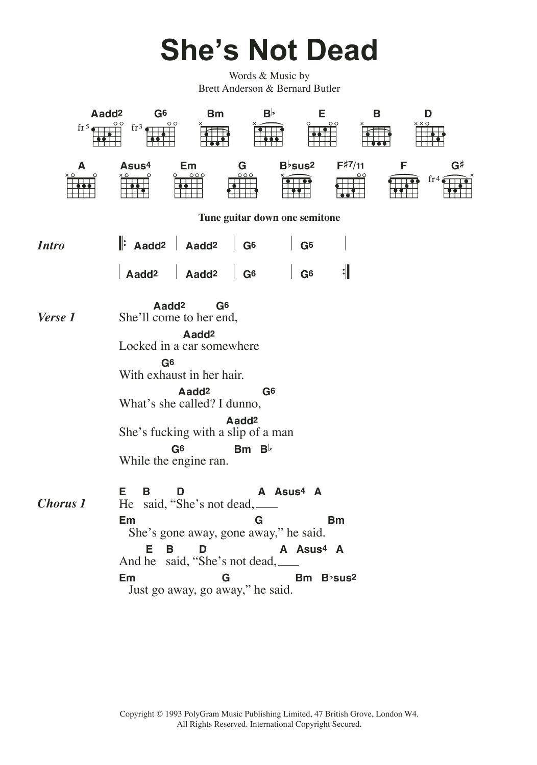 Download Suede She's Not Dead Sheet Music and learn how to play Lyrics & Chords PDF digital score in minutes