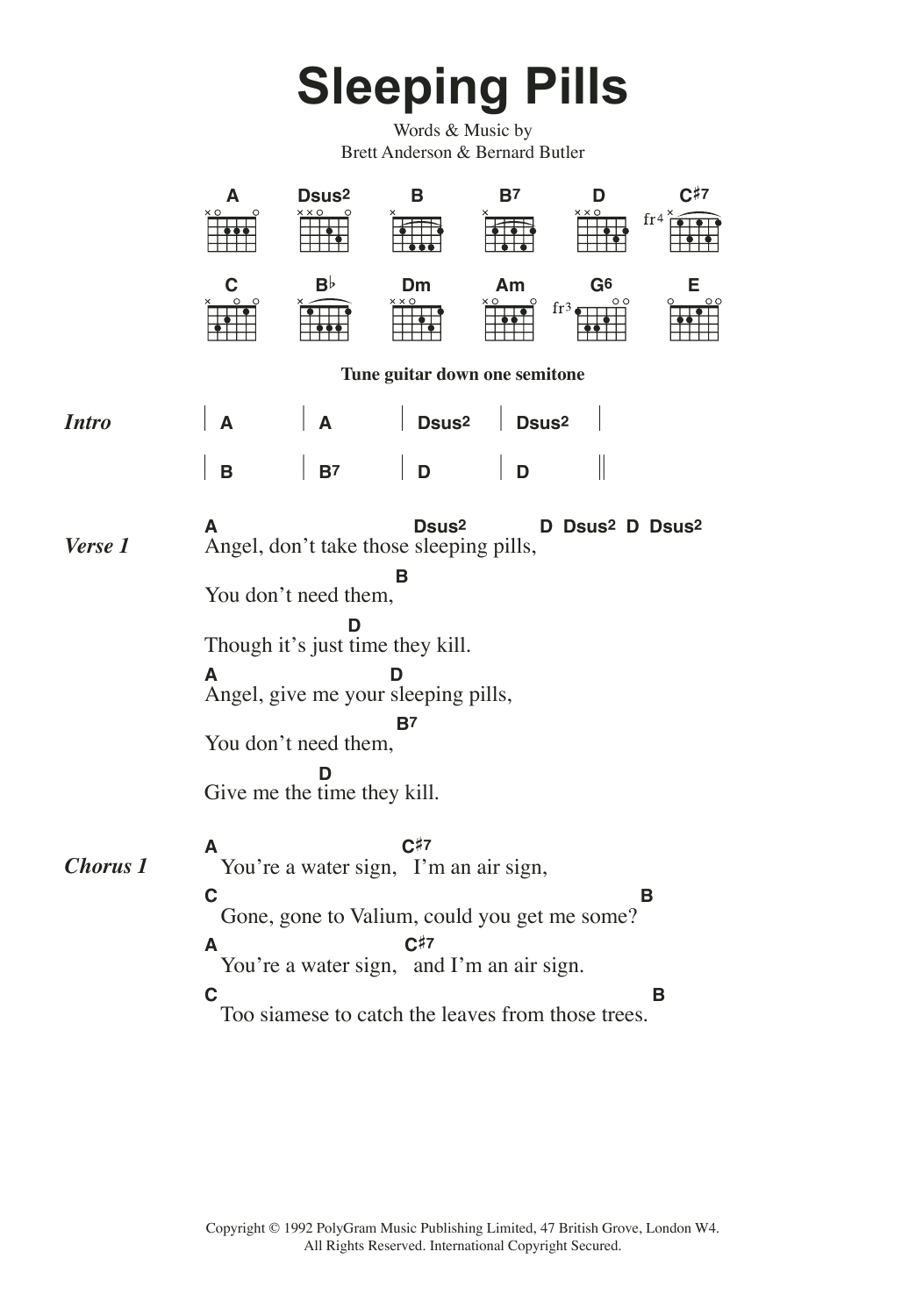 Download Suede Sleeping Pills Sheet Music and learn how to play Lyrics & Chords PDF digital score in minutes