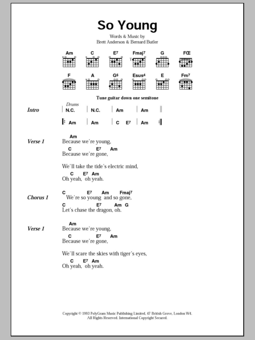 Download Suede So Young Sheet Music and learn how to play Lyrics & Chords PDF digital score in minutes