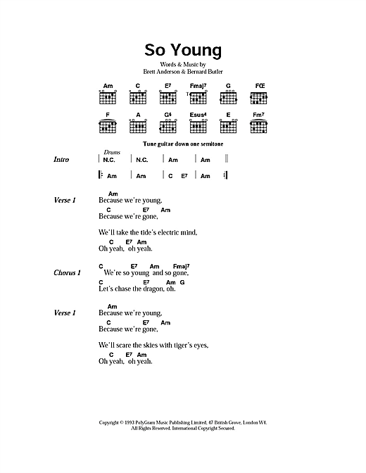 Download Suede So Young Sheet Music and learn how to play Lyrics & Chords PDF digital score in minutes