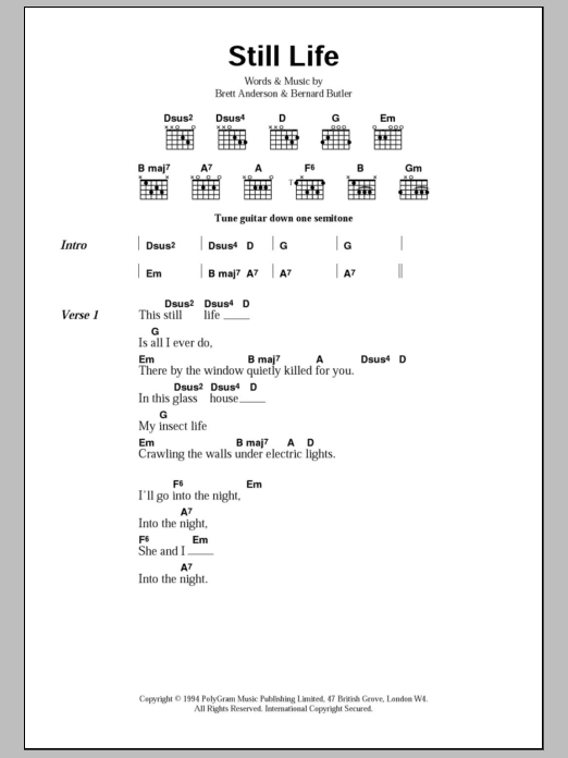 Download Suede Still Life Sheet Music and learn how to play Lyrics & Chords PDF digital score in minutes