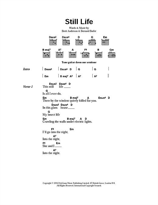 Download Suede Still Life Sheet Music and learn how to play Lyrics & Chords PDF digital score in minutes