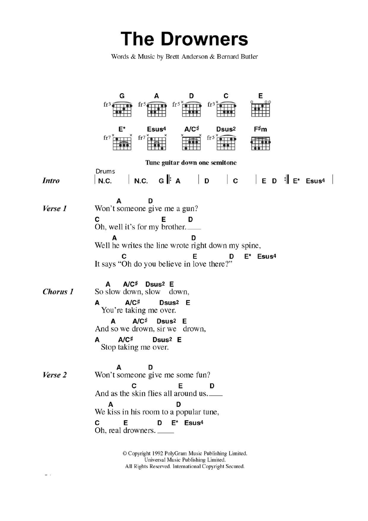 Download Suede The Drowners Sheet Music and learn how to play Lyrics & Chords PDF digital score in minutes