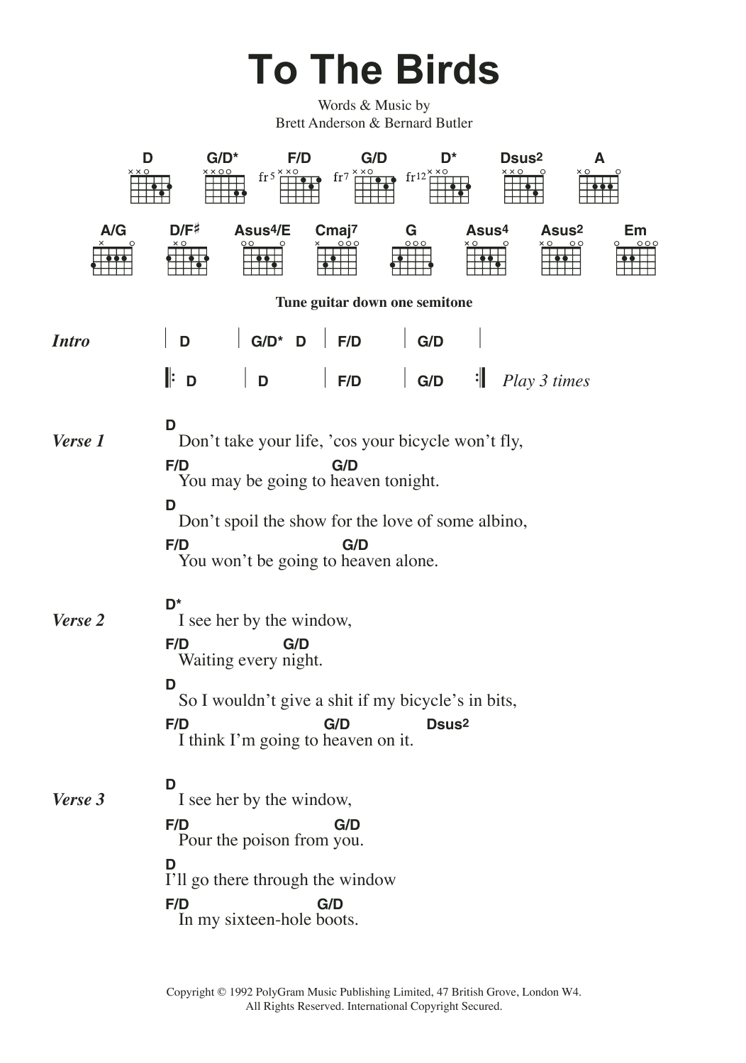 Download Suede To The Birds Sheet Music and learn how to play Lyrics & Chords PDF digital score in minutes