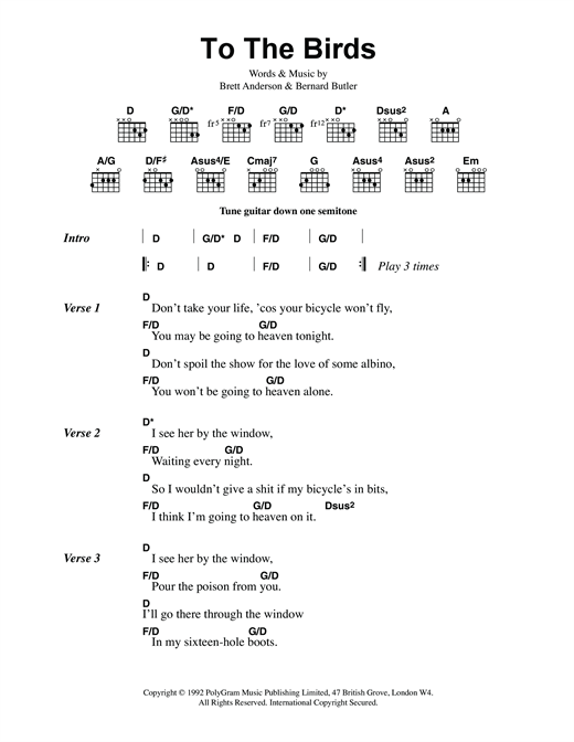 Download Suede To The Birds Sheet Music and learn how to play Lyrics & Chords PDF digital score in minutes