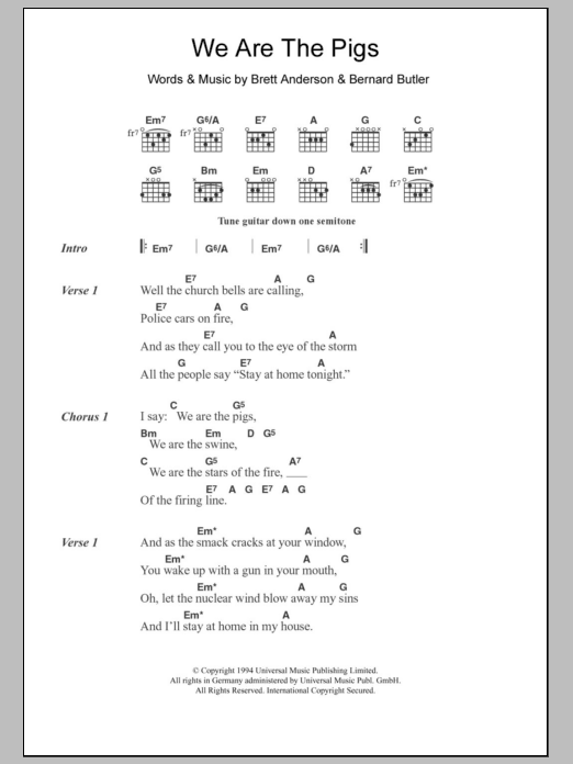 Download Suede We Are The Pigs Sheet Music and learn how to play Lyrics & Chords PDF digital score in minutes