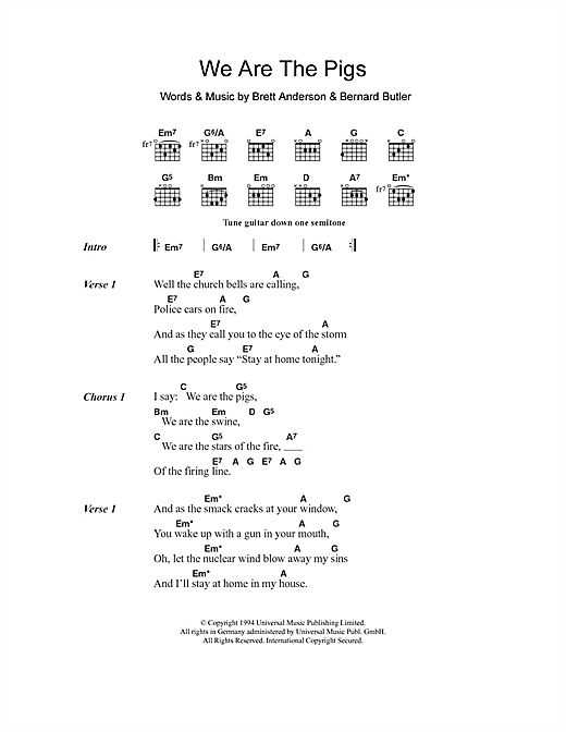 Download Suede We Are The Pigs Sheet Music and learn how to play Lyrics & Chords PDF digital score in minutes