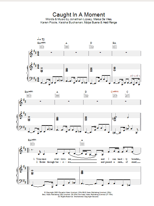 Download Sugababes Caught In A Moment Sheet Music and learn how to play Piano, Vocal & Guitar PDF digital score in minutes