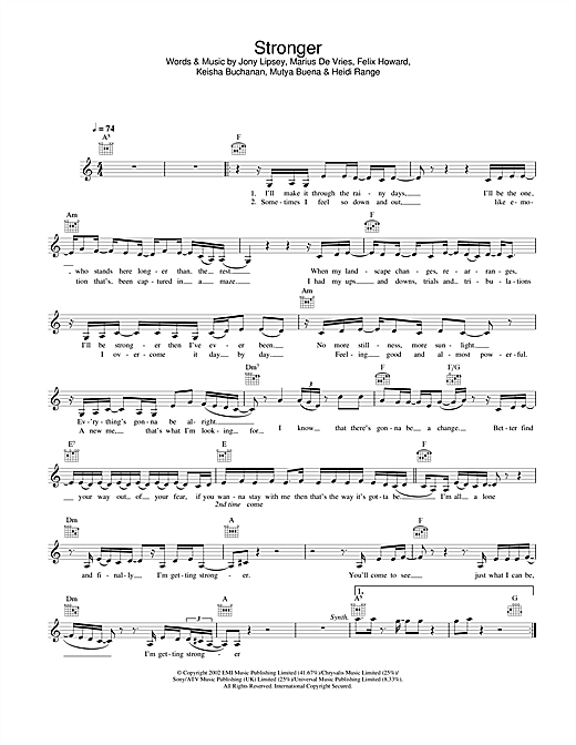 Download Sugababes Stronger Sheet Music and learn how to play Melody Line, Lyrics & Chords PDF digital score in minutes