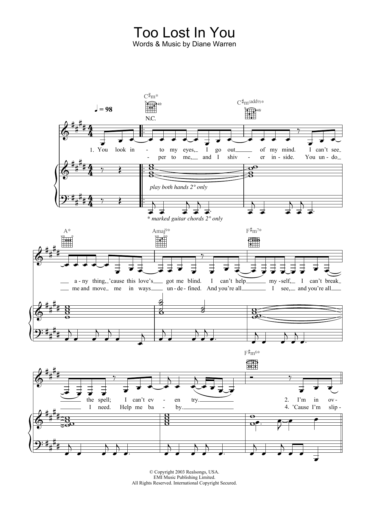 Download Sugababes Too Lost In You Sheet Music and learn how to play Piano, Vocal & Guitar PDF digital score in minutes