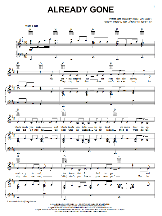 Download Sugarland Already Gone Sheet Music and learn how to play Piano, Vocal & Guitar (Right-Hand Melody) PDF digital score in minutes