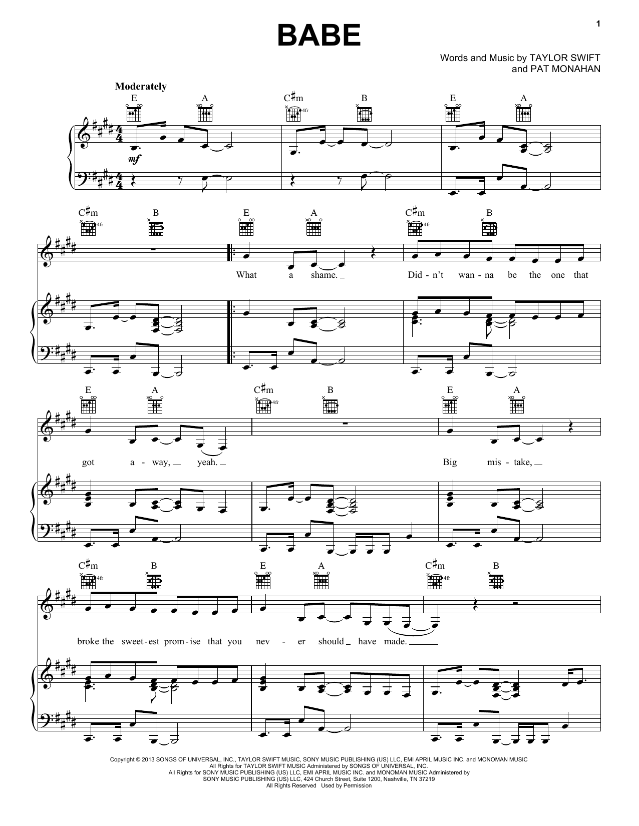 Download Sugarland feat. Taylor Swift Babe Sheet Music and learn how to play Piano, Vocal & Guitar (Right-Hand Melody) PDF digital score in minutes