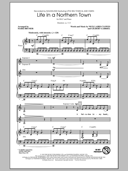 Download Sugarland Life In A Northern Town (arr. Mark Brymer) Sheet Music and learn how to play SSA PDF digital score in minutes