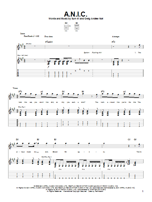 Download Sum 41 A.N.I.C. Sheet Music and learn how to play Guitar Tab PDF digital score in minutes