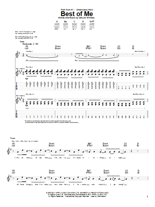 Download Sum 41 Best Of Me Sheet Music and learn how to play Guitar Tab PDF digital score in minutes